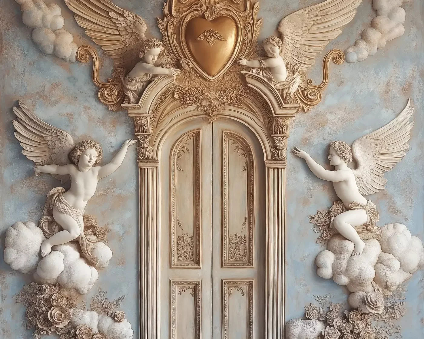 Angels And Cherubs With Door 10’X8’ Fleece (120 X 96 Inch) Backdrop