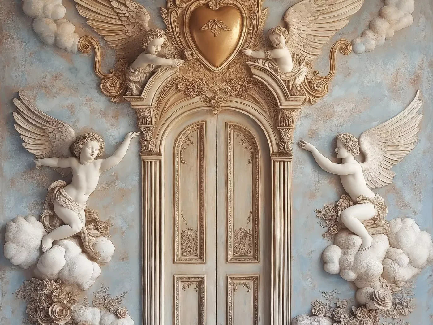 Angels And Cherubs With Door 6’8X5’ Fleece (80 X 60 Inch) Backdrop