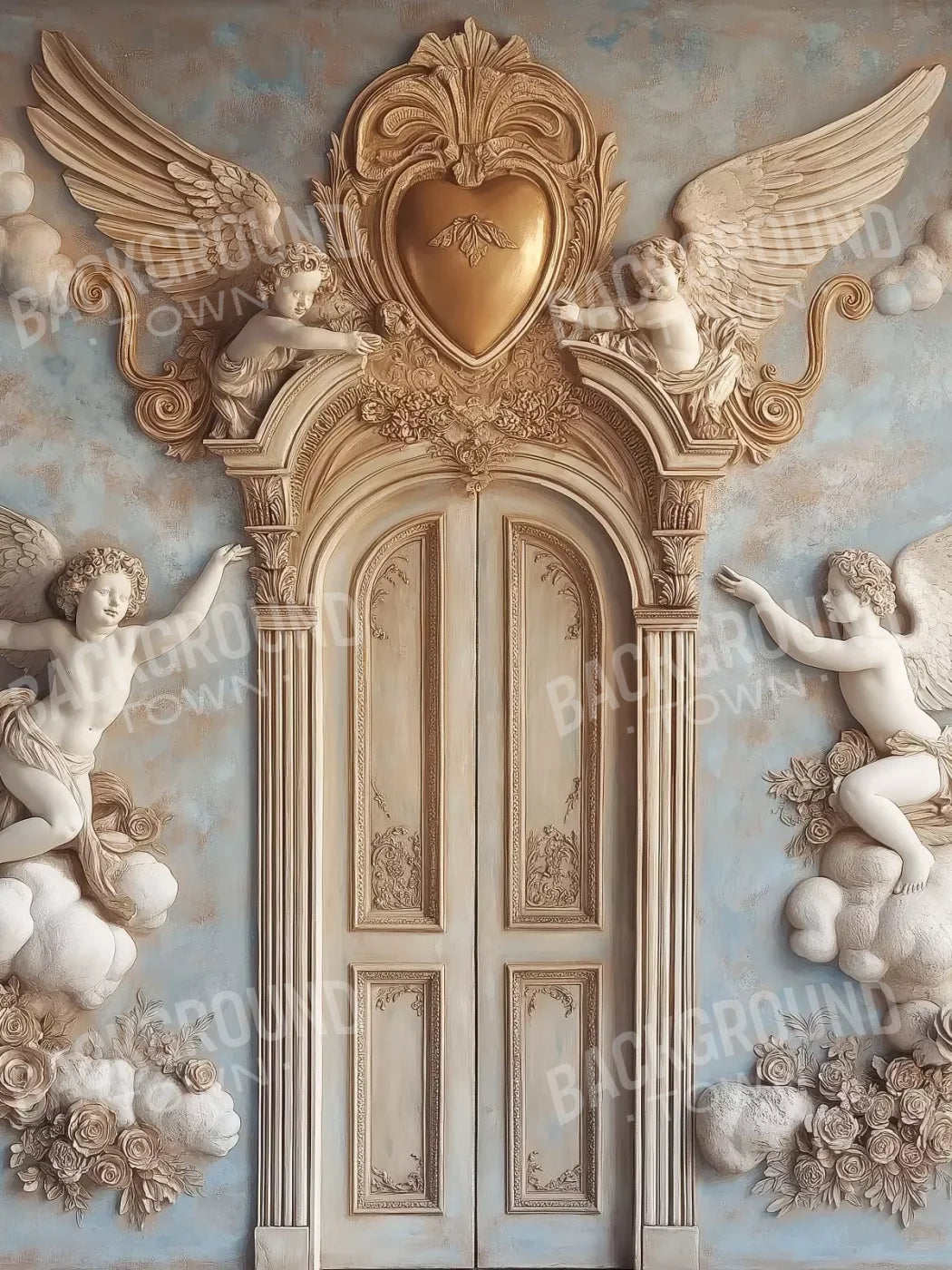 Angels And Cherubs With Door 6’X8’ Fleece (72 X 96 Inch) Backdrop