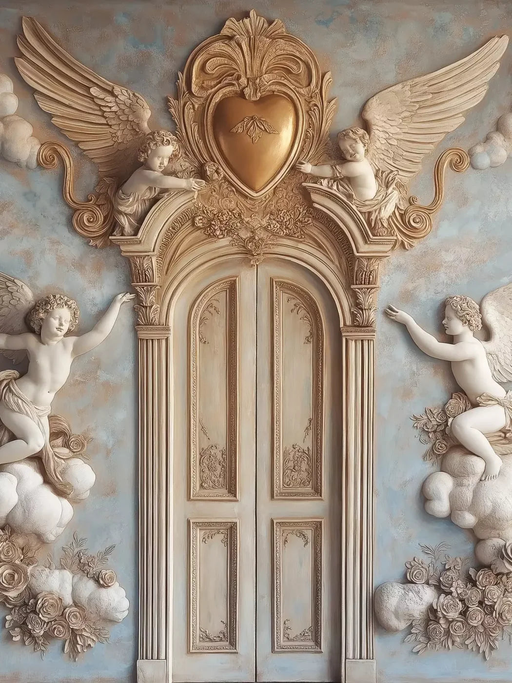 Angels And Cherubs With Door 6’X8’ Fleece (72 X 96 Inch) Backdrop