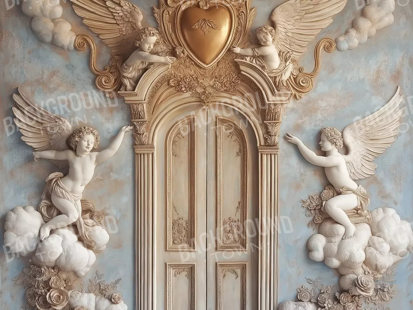 Angels And Cherubs With Door 8’X6’ Fleece (96 X 72 Inch) Backdrop