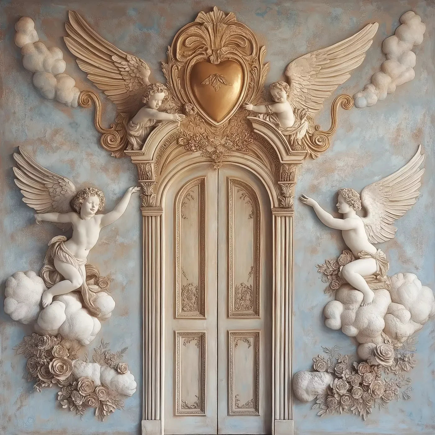 Angels And Cherubs With Door 8’X8’ Fleece (96 X Inch) Backdrop
