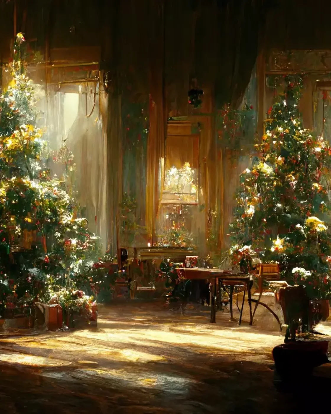 Antique Christmas Livingroom 8’X10’ Fleece (96 X 120 Inch) Backdrop