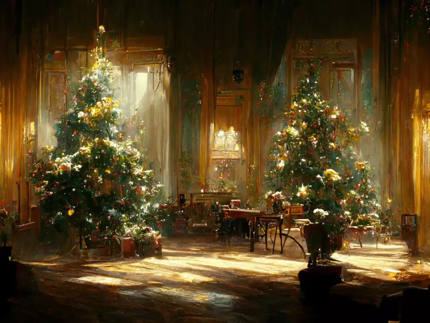 Antique Christmas Livingroom 8’X6’ Fleece (96 X 72 Inch) Backdrop