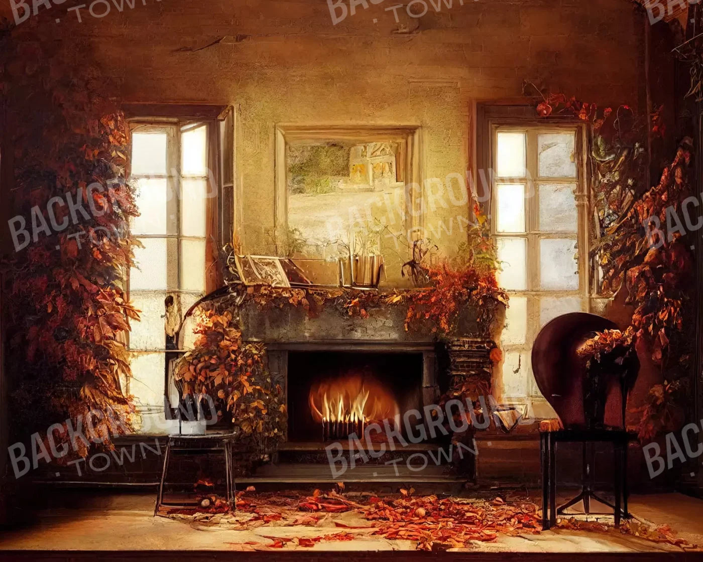 Autumn Fireplace 10’X8’ Fleece (120 X 96 Inch) Backdrop