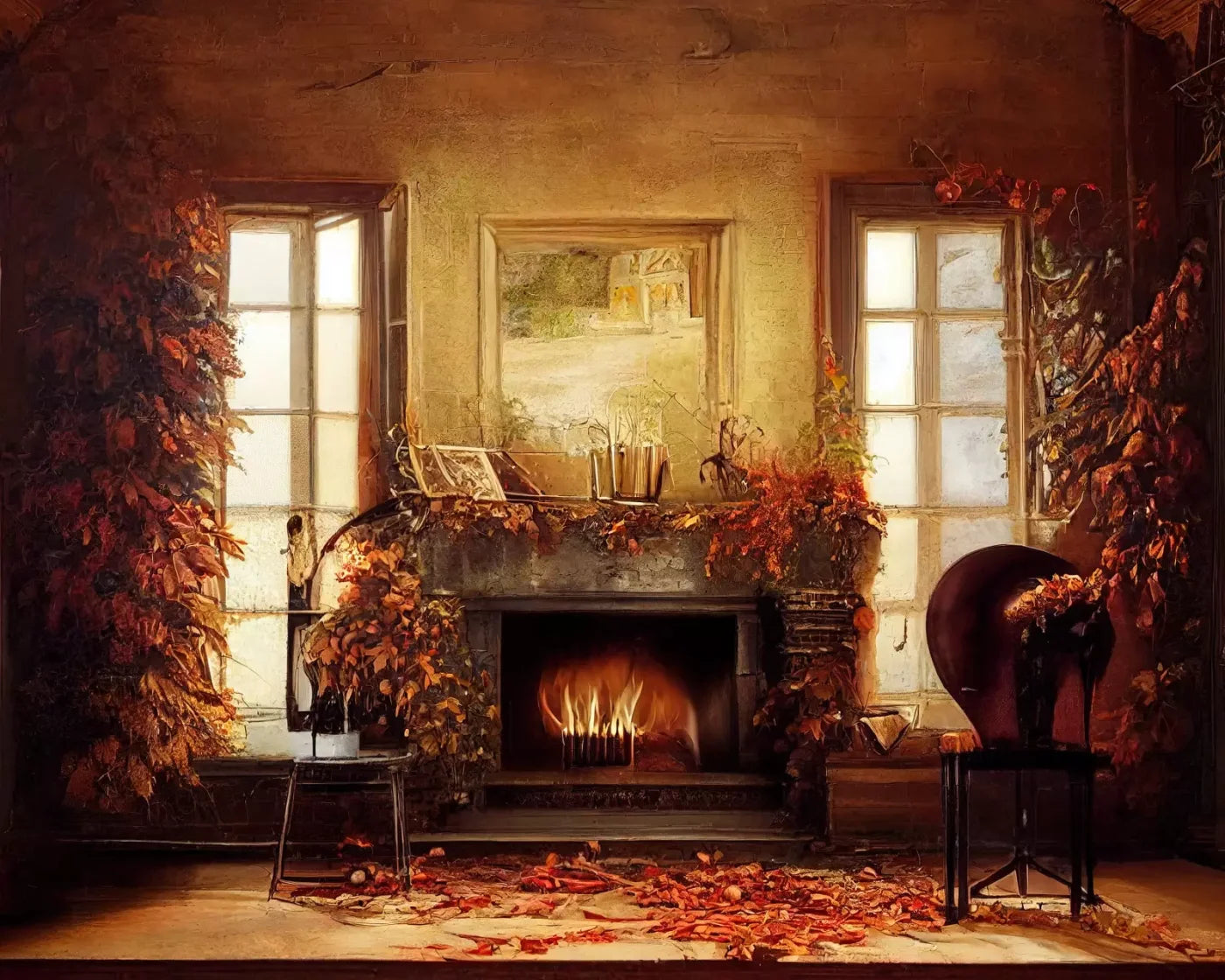 Autumn Fireplace 10’X8’ Fleece (120 X 96 Inch) Backdrop