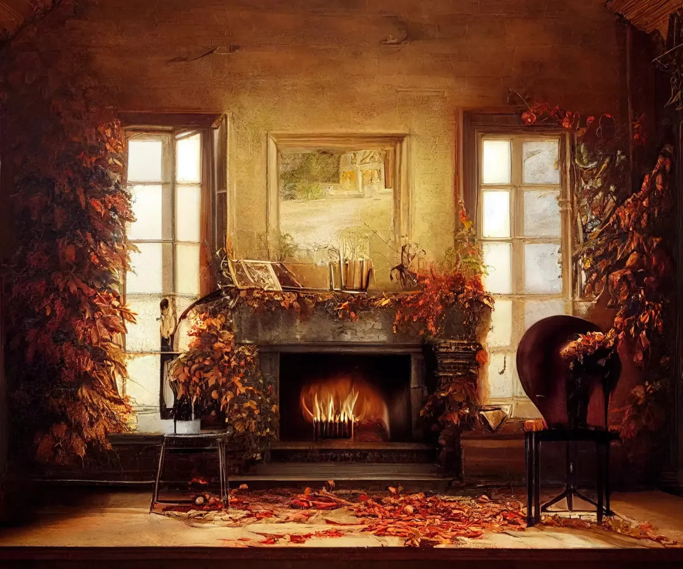 Autumn Fireplace 12’X10’ Ultracloth (144 X 120 Inch) Backdrop