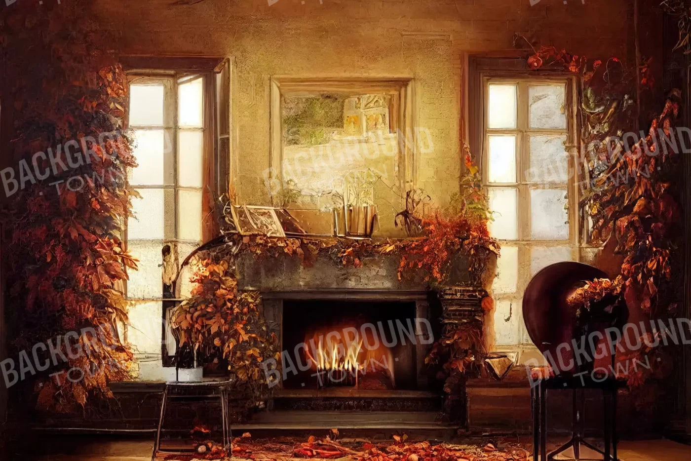 Autumn Fireplace 12’X8’ Ultracloth (144 X 96 Inch) Backdrop