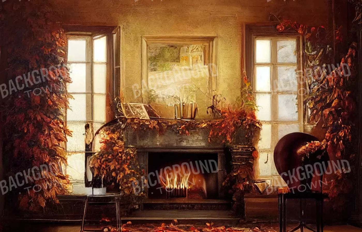 Autumn Fireplace 14’X9’ Ultracloth (168 X 108 Inch) Backdrop