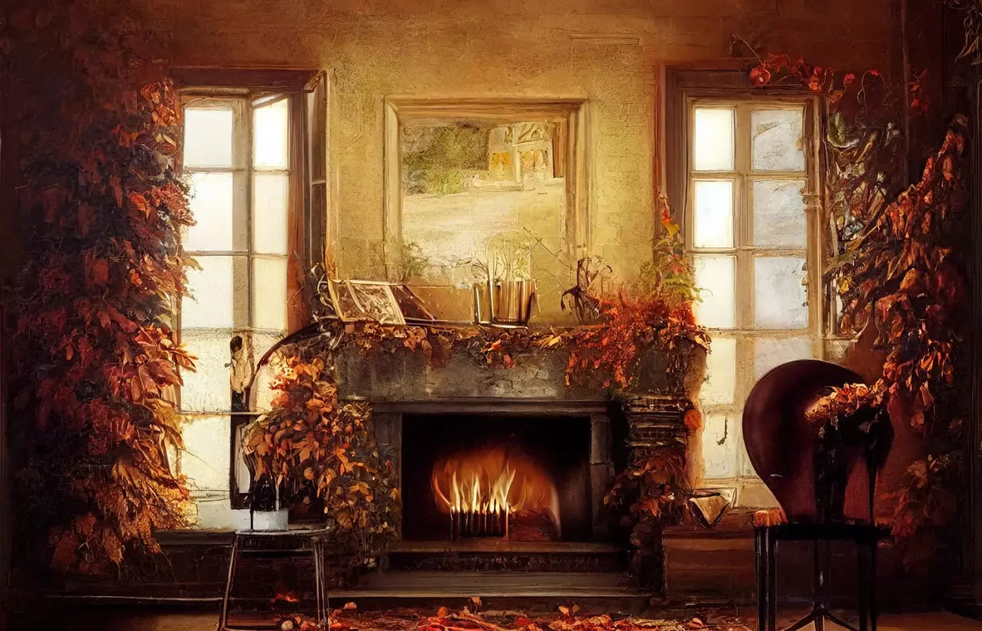 Autumn Fireplace 14’X9’ Ultracloth (168 X 108 Inch) Backdrop