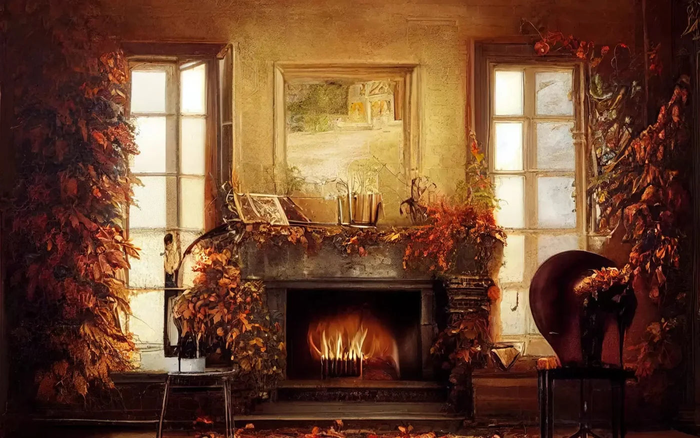 Autumn Fireplace 16’X10’ Ultracloth (192 X 120 Inch) Backdrop