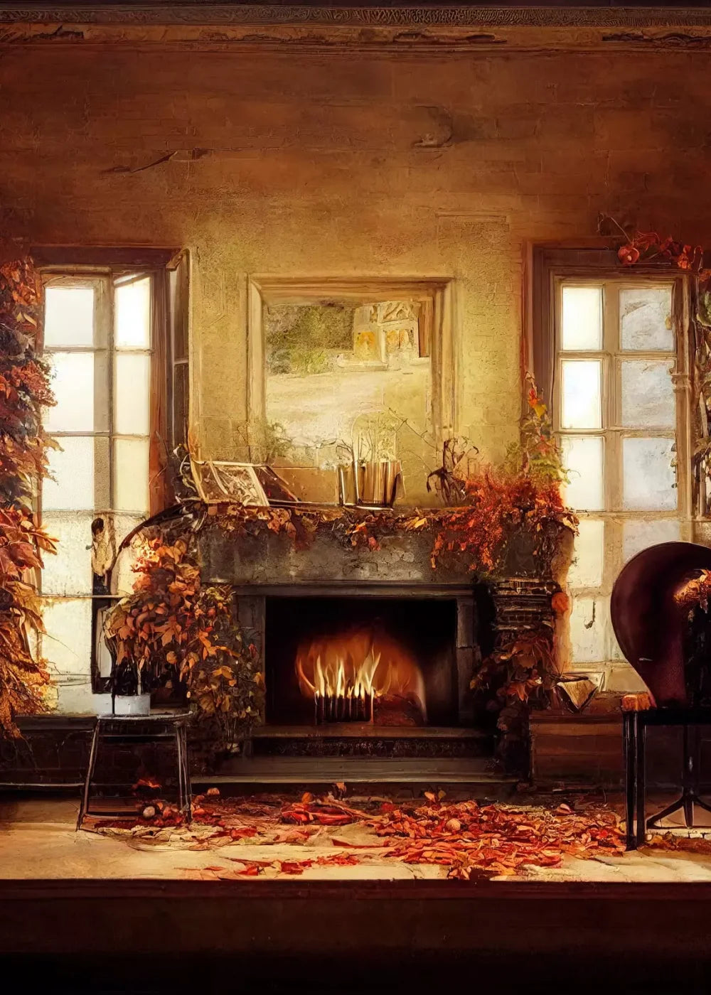 Autumn Fireplace 5’X7’ Ultracloth (60 X 84 Inch) Backdrop