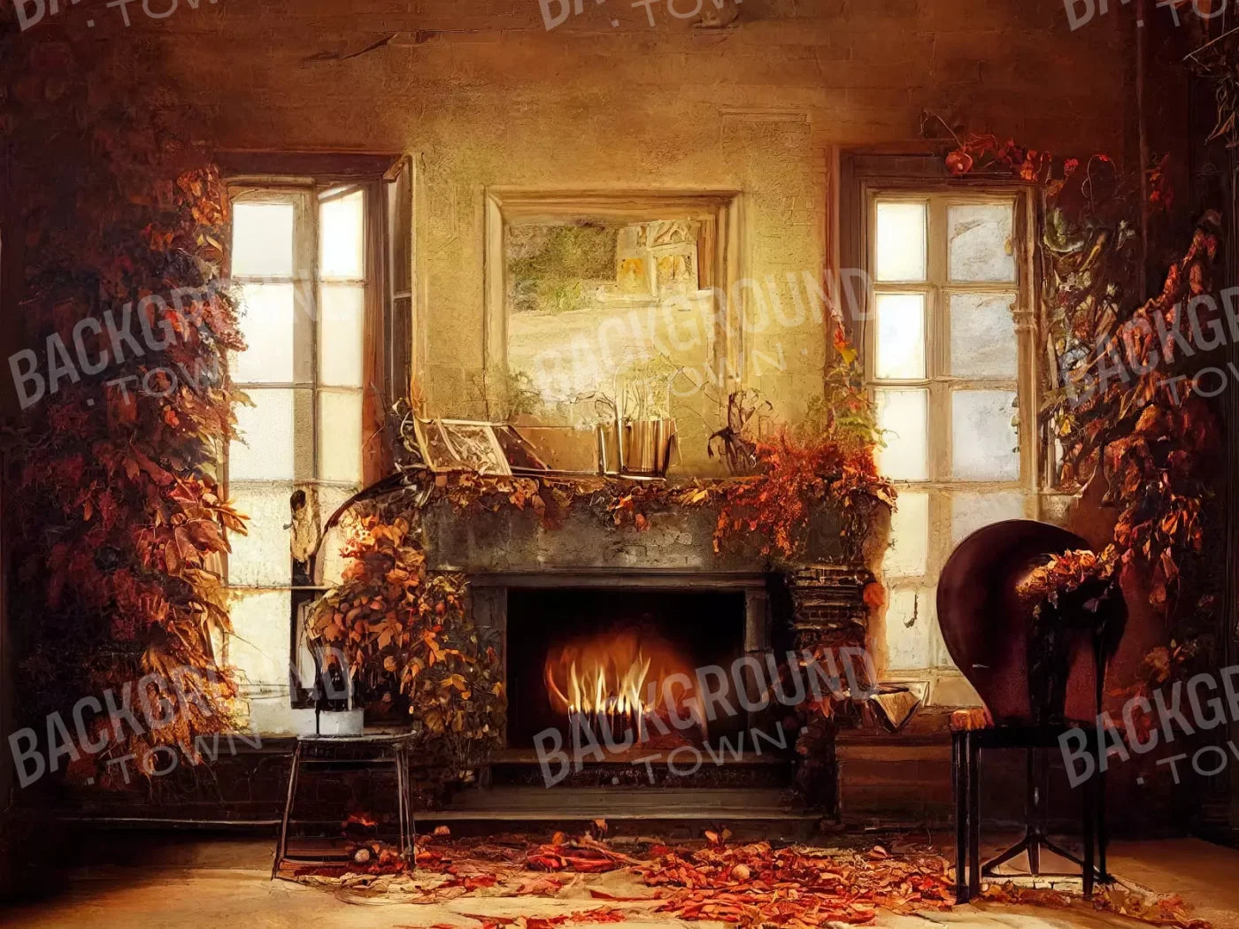 Autumn Fireplace 6’8X5’ Fleece (80 X 60 Inch) Backdrop
