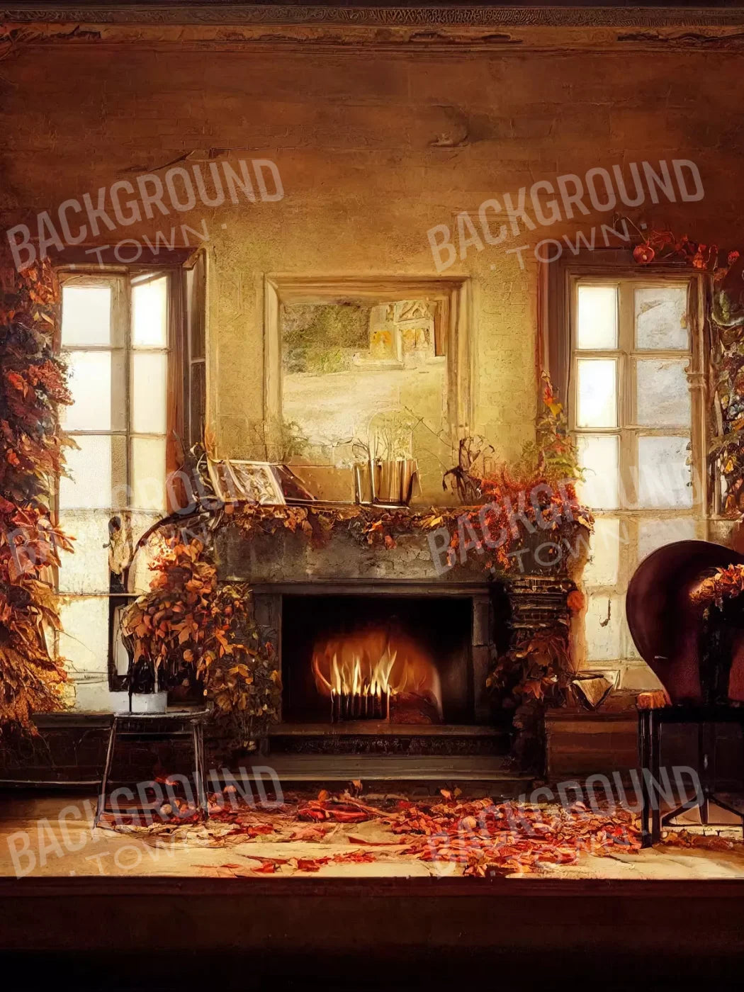 Autumn Fireplace 6’X8’ Fleece (72 X 96 Inch) Backdrop