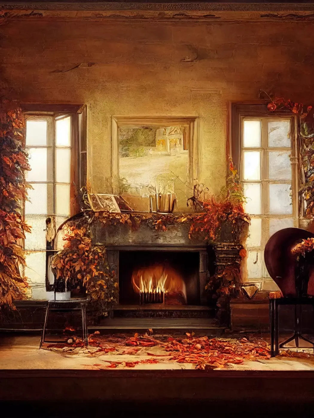 Autumn Fireplace 6’X8’ Fleece (72 X 96 Inch) Backdrop