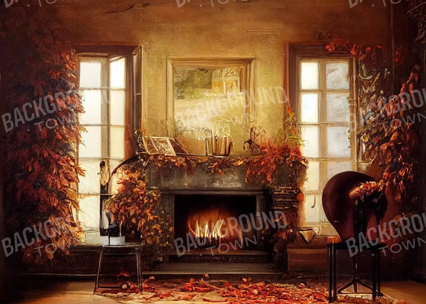 Autumn Fireplace 7’X5’ Ultracloth (84 X 60 Inch) Backdrop