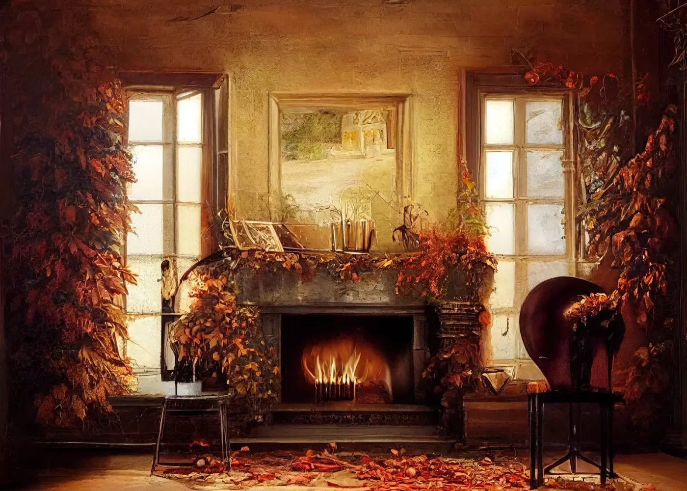 Autumn Fireplace 7’X5’ Ultracloth (84 X 60 Inch) Backdrop
