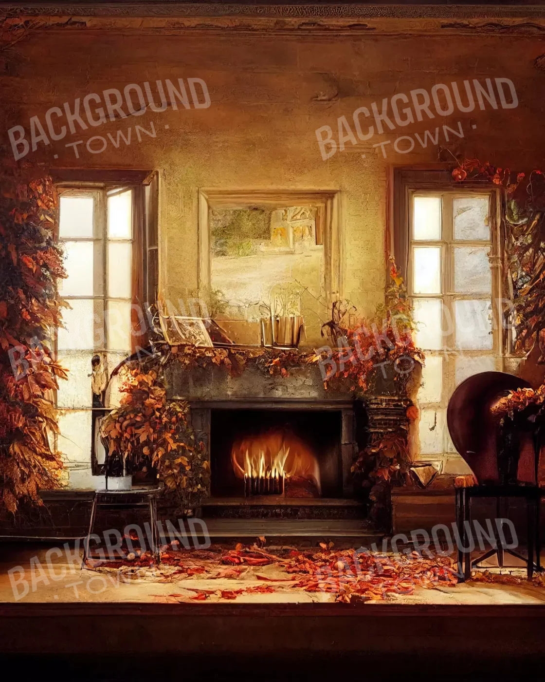 Autumn Fireplace 8’X10’ Fleece (96 X 120 Inch) Backdrop
