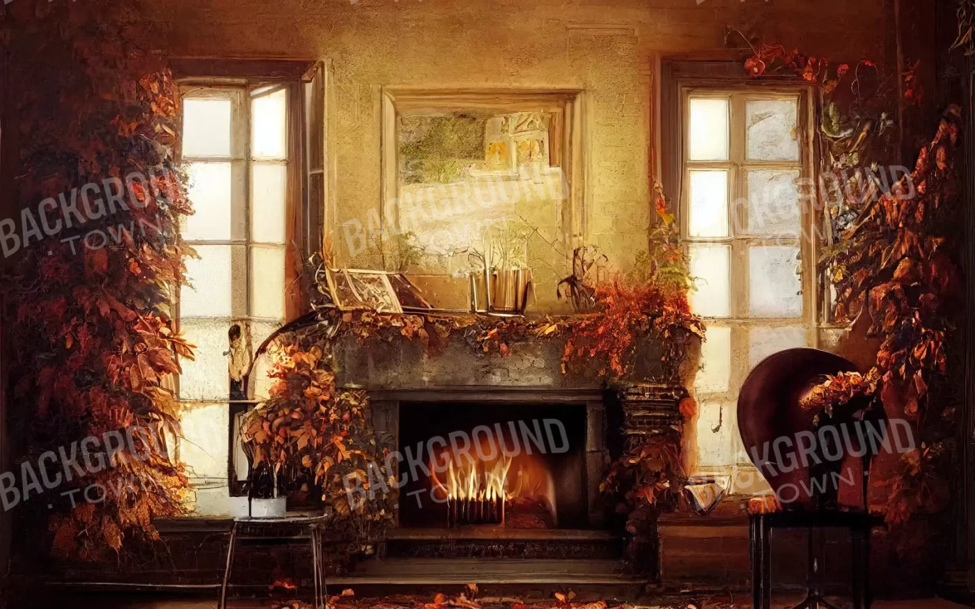 Autumn Fireplace 8’X5’ Ultracloth (96 X 60 Inch) Backdrop