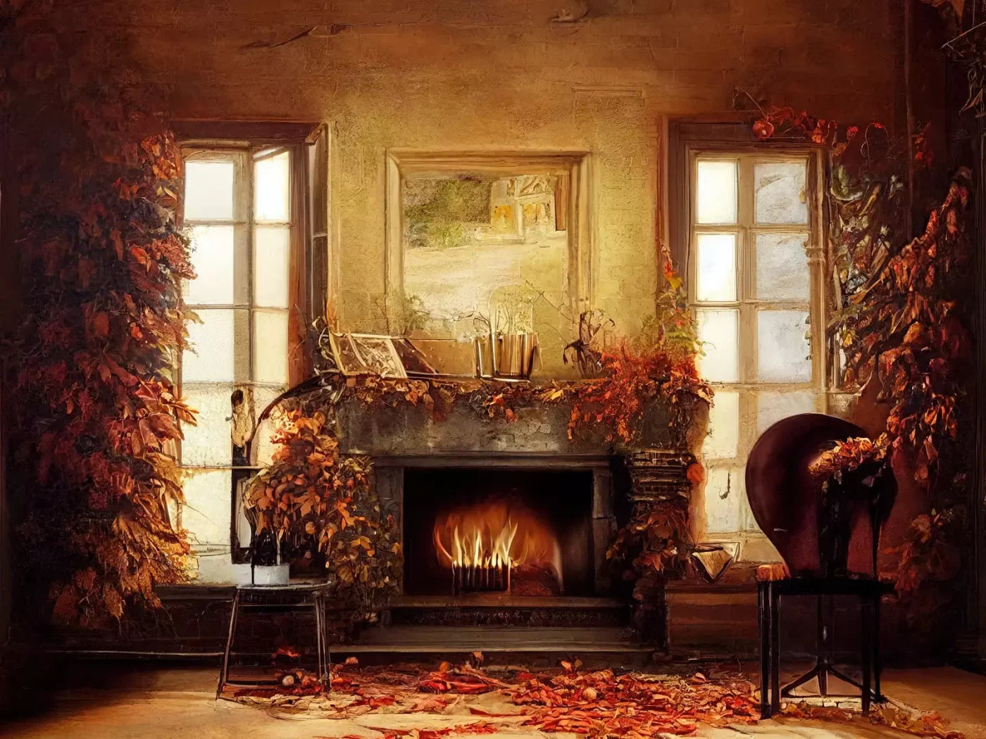 Autumn Fireplace 8’X6’ Fleece (96 X 72 Inch) Backdrop