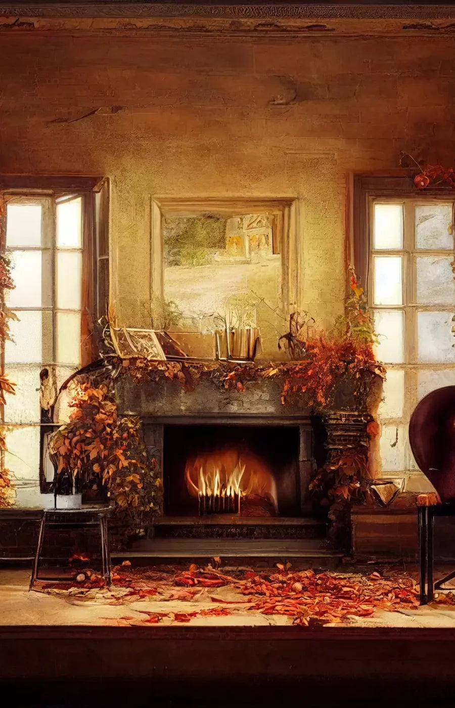 Autumn Fireplace 9’X14’ Ultracloth (108 X 168 Inch) Backdrop