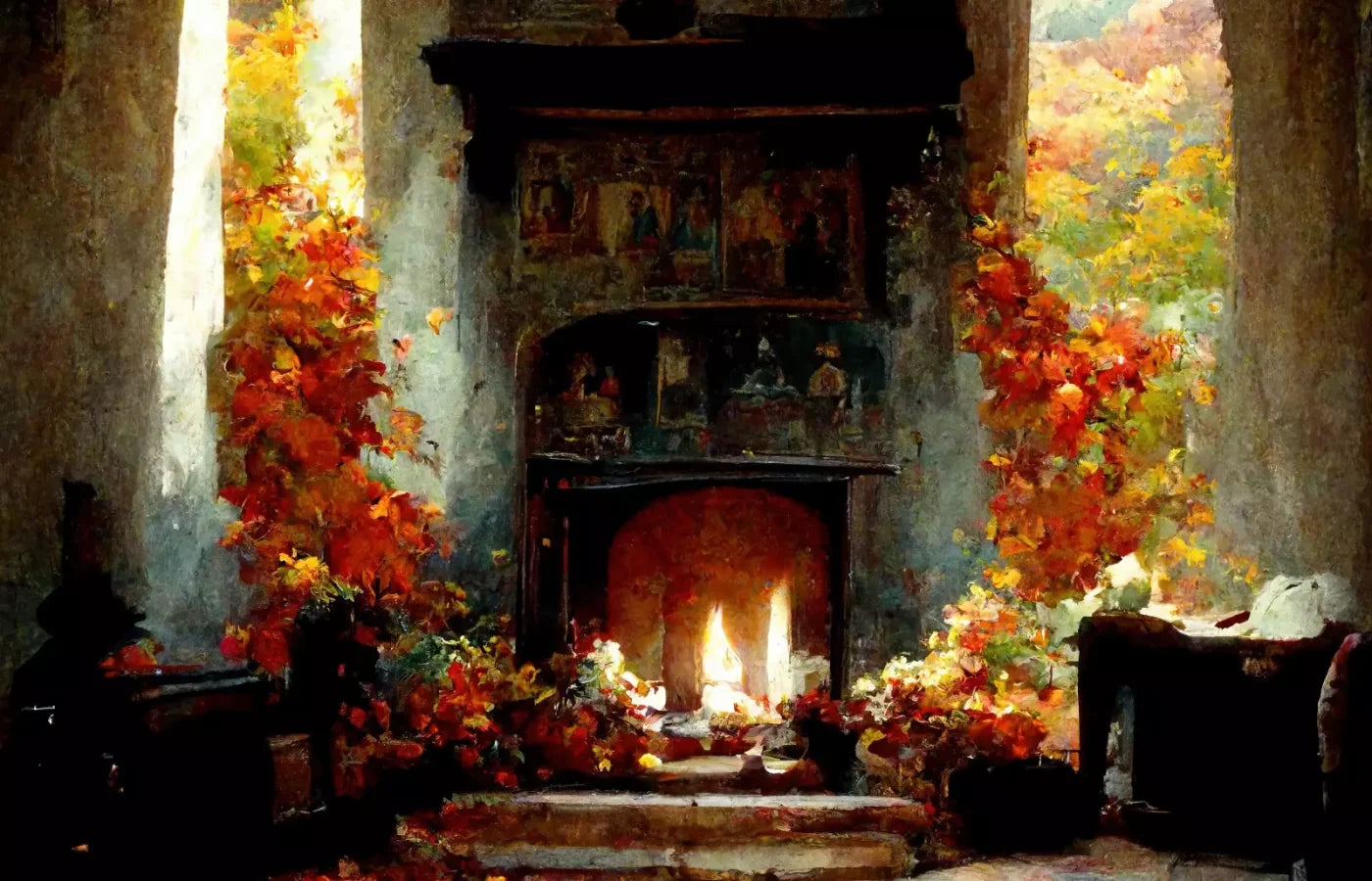 Autumn Fireplace Ii 14’X9’ Ultracloth (168 X 108 Inch) Backdrop