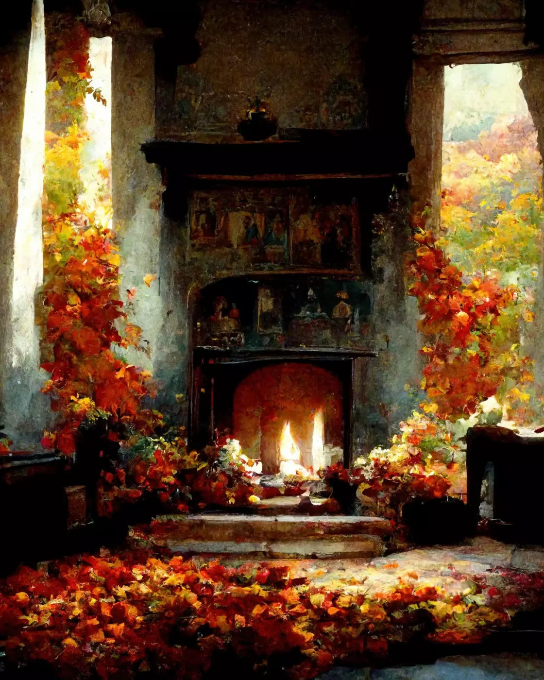 Autumn Fireplace Ii 8’X10’ Fleece (96 X 120 Inch) Backdrop