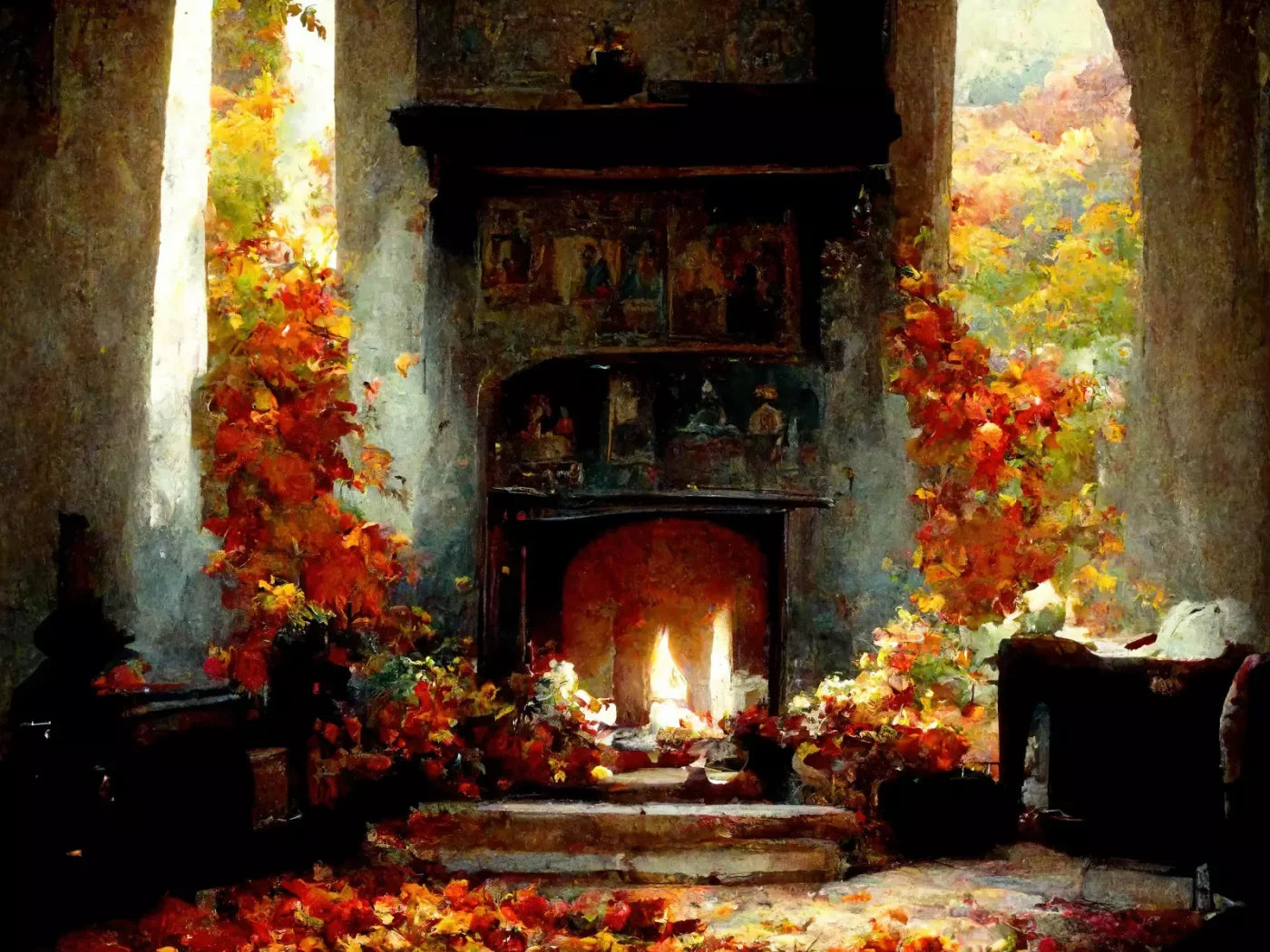 Autumn Fireplace Ii 8’X6’ Fleece (96 X 72 Inch) Backdrop