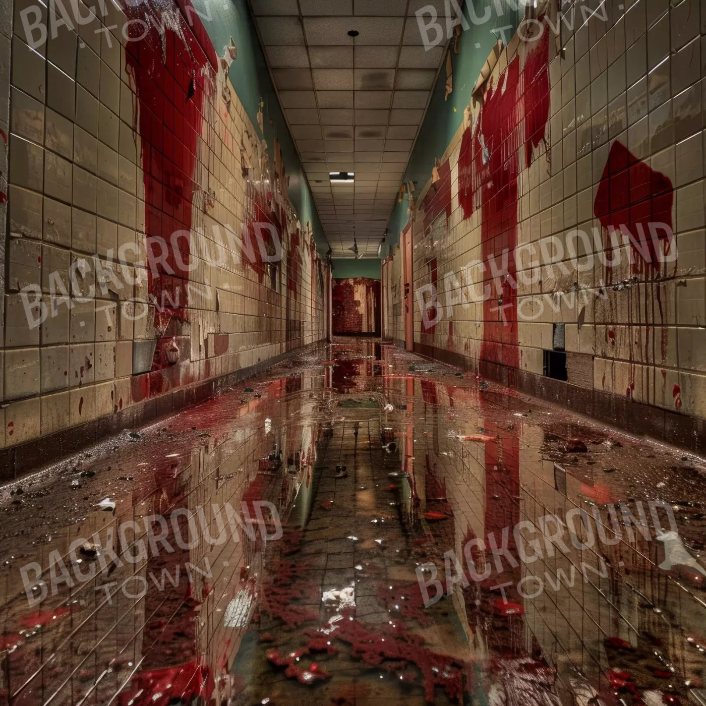 Bloody Institution Hallway V 8’X8’ Fleece (96 X Inch) Backdrop