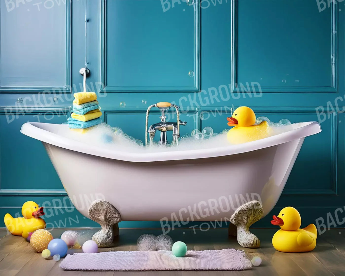 Blue Rubber Duckie Bathroom 10’X8’ Fleece (120 X 96 Inch) Backdrop