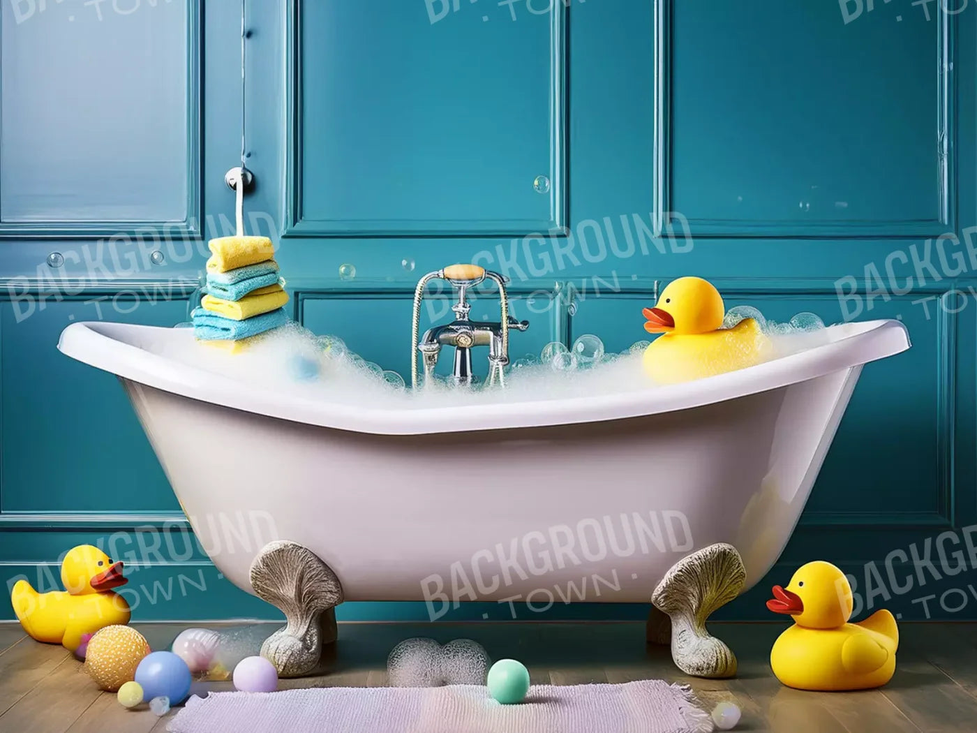 Blue Rubber Duckie Bathroom 8’X6’ Fleece (96 X 72 Inch) Backdrop