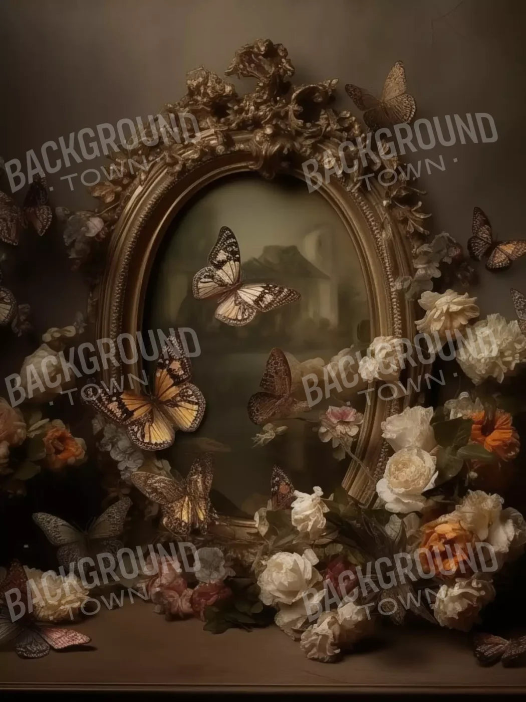 Butterflies In From Of Painting 6’X8’ Fleece (72 X 96 Inch) Backdrop