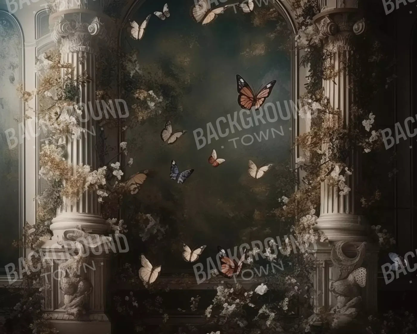 Butterflies With Victorian Pillars 10’X8’ Fleece (120 X 96 Inch) Backdrop