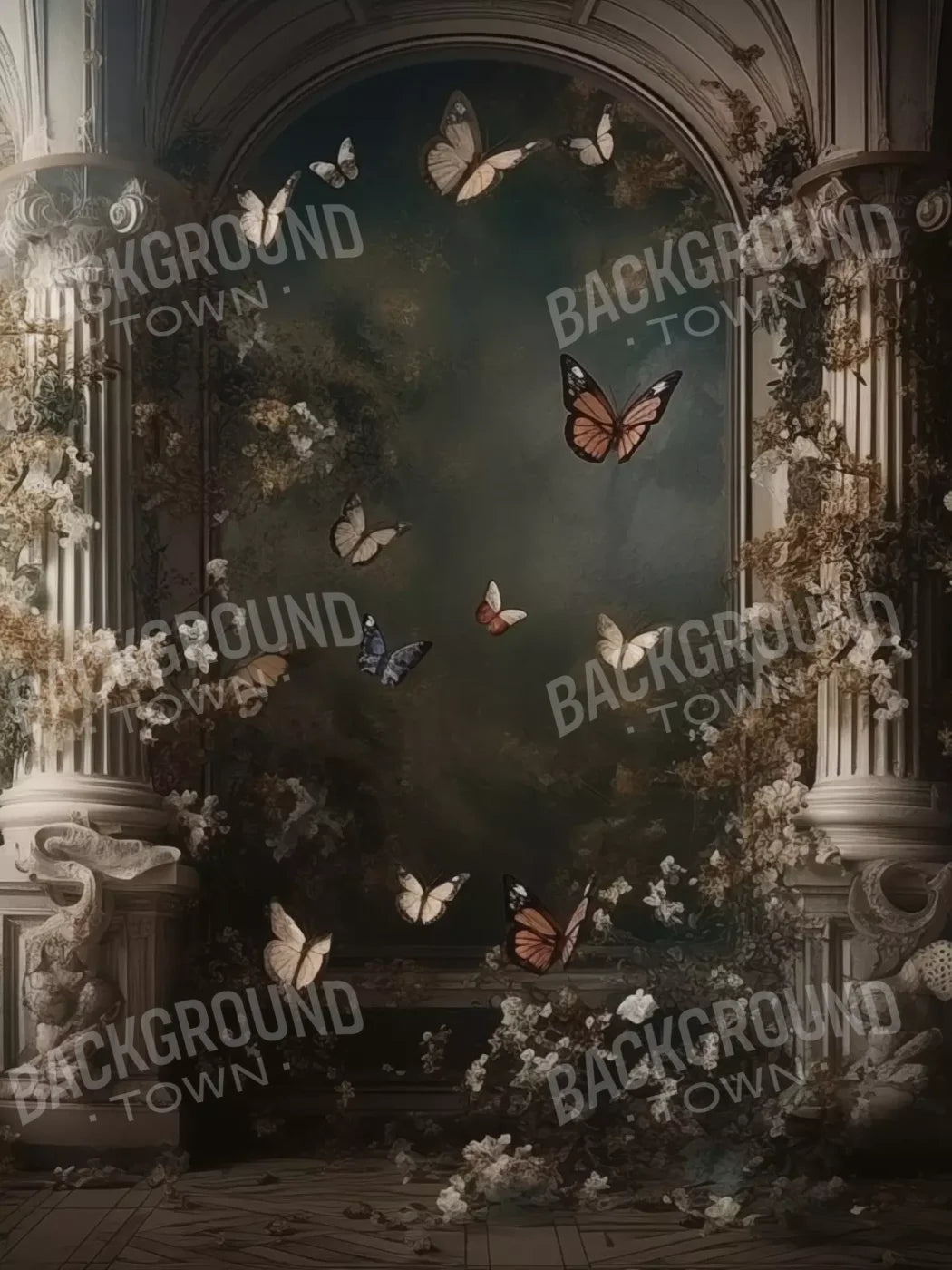 Butterflies With Victorian Pillars 6’X8’ Fleece (72 X 96 Inch) Backdrop