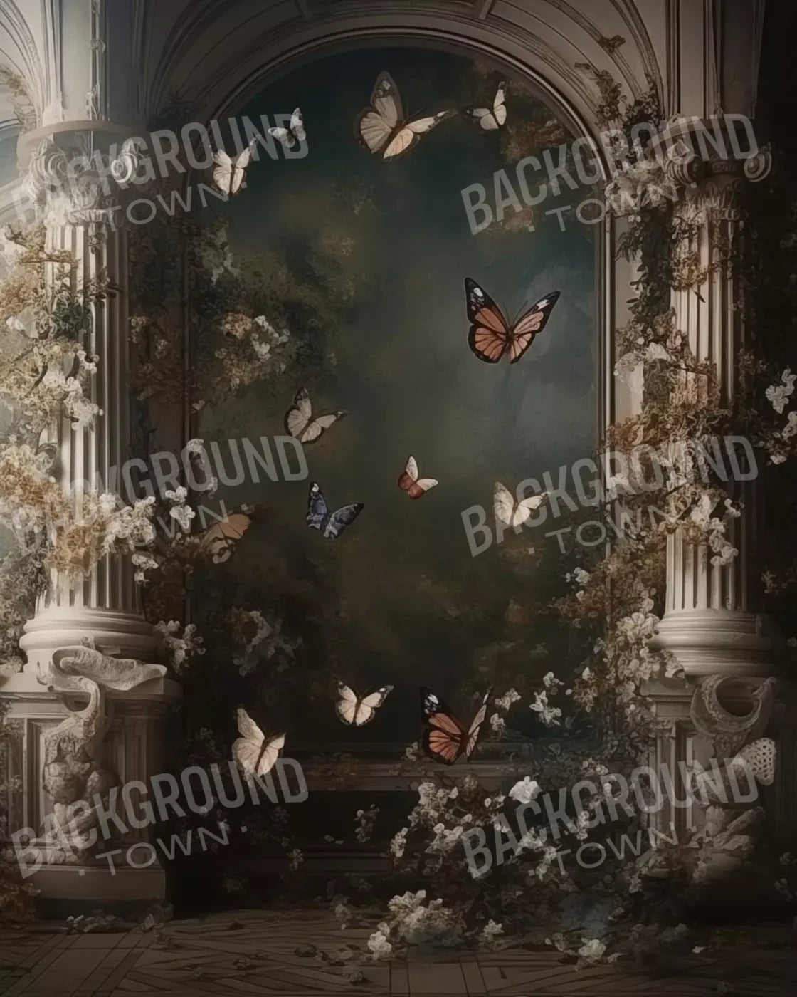 Butterflies With Victorian Pillars 8’X10’ Fleece (96 X 120 Inch) Backdrop