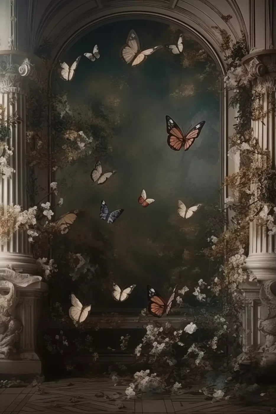 Butterflies With Victorian Pillars 8’X12’ Ultracloth (96 X 144 Inch) Backdrop