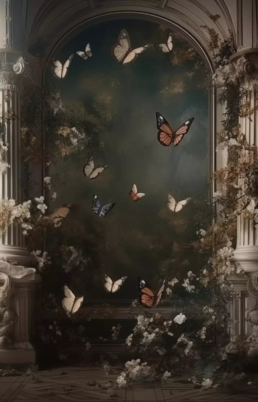 Butterflies With Victorian Pillars 9’X14’ Ultracloth (108 X 168 Inch) Backdrop