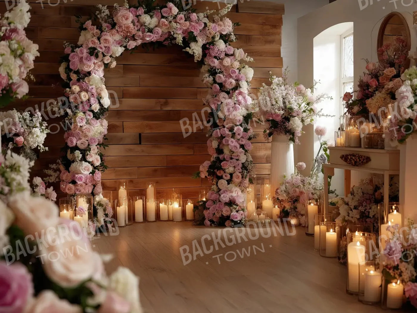 Candlelit Pink Floral Archway 6’8x5’ Fleece (80 x 60 inch) Backdrop