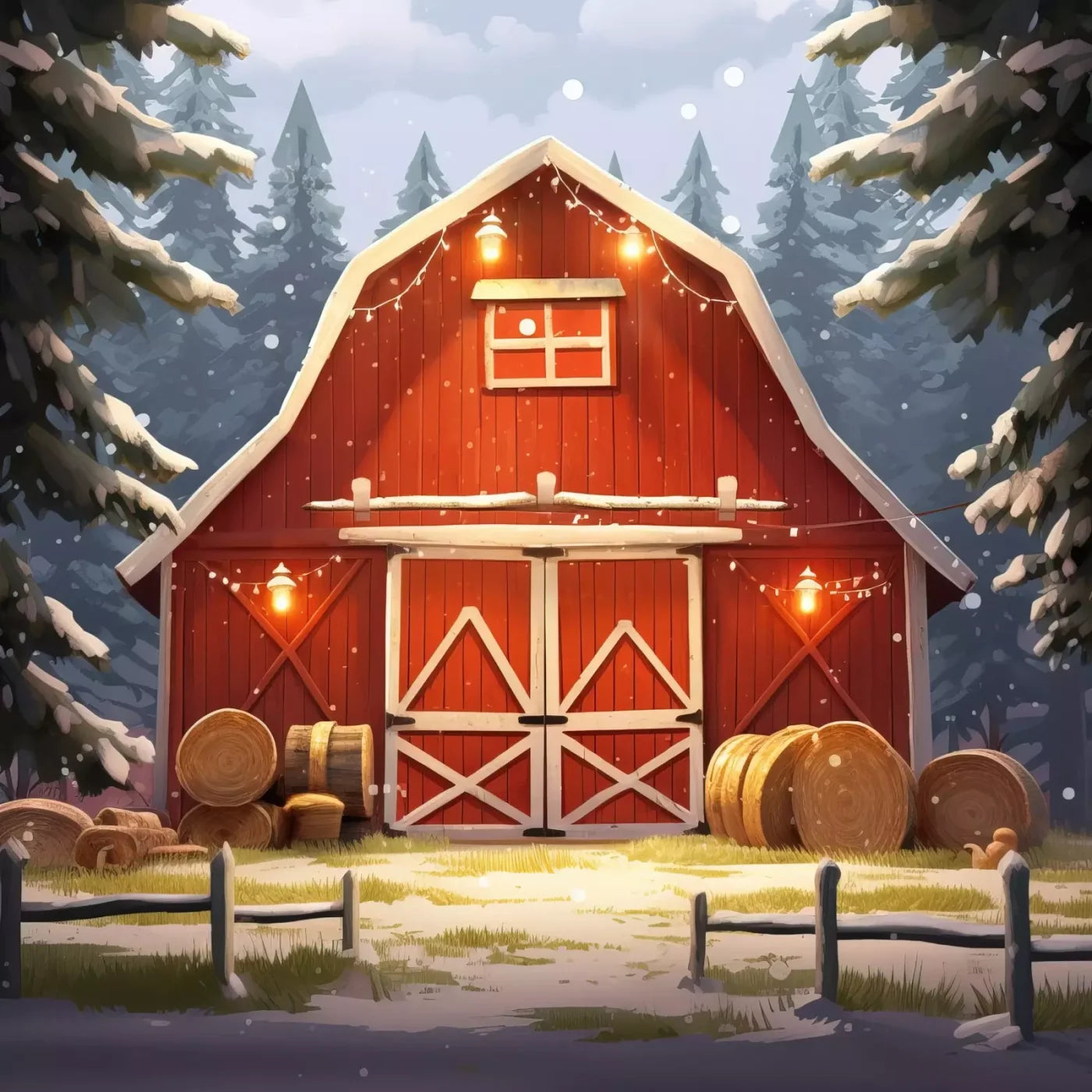Cartoon Holiday Barn 10’X10’ Ultracloth (120 X Inch) Backdrop