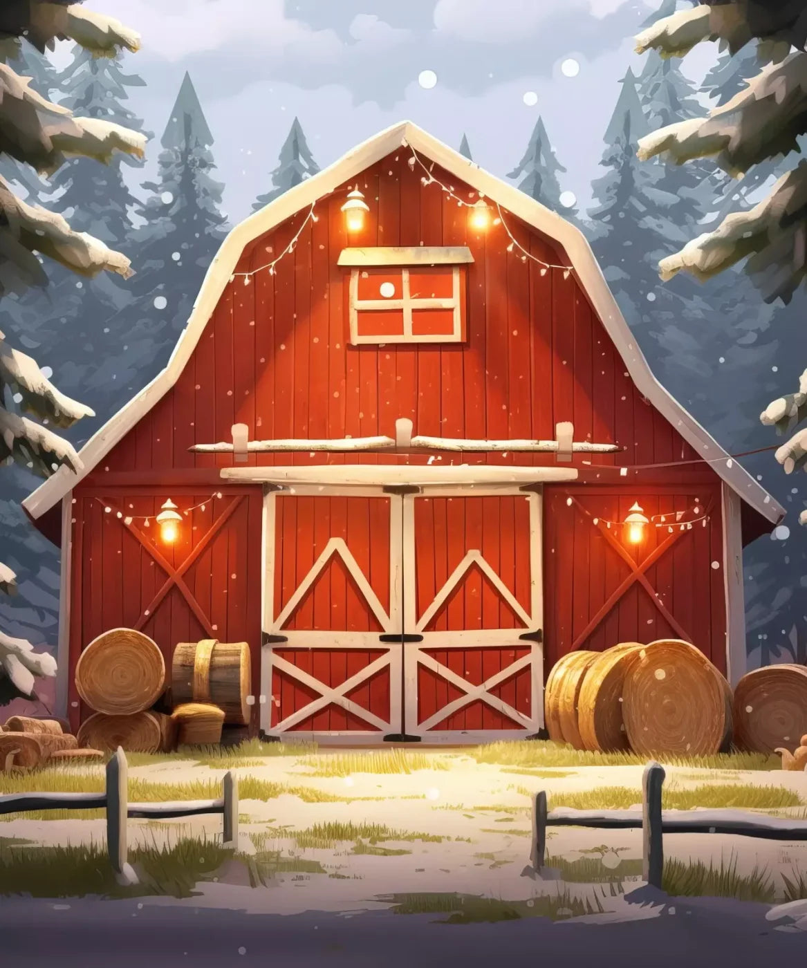 Cartoon Holiday Barn 10’X12’ Ultracloth (120 X 144 Inch) Backdrop