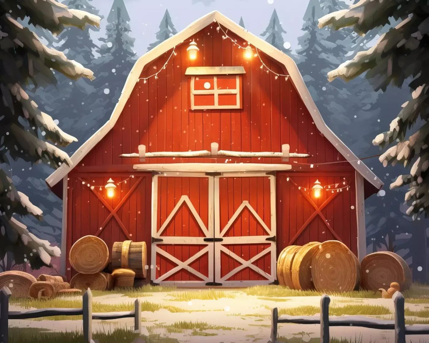 Cartoon Holiday Barn 10’X8’ Fleece (120 X 96 Inch) Backdrop