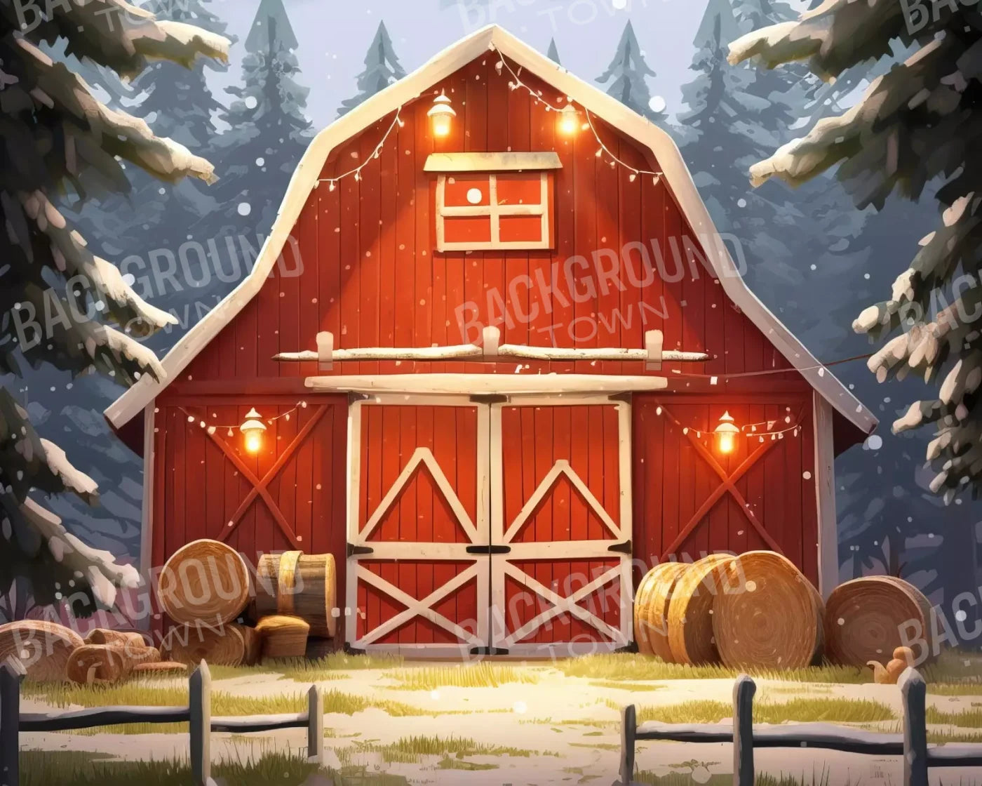 Cartoon Holiday Barn 10’X8’ Fleece (120 X 96 Inch) Backdrop