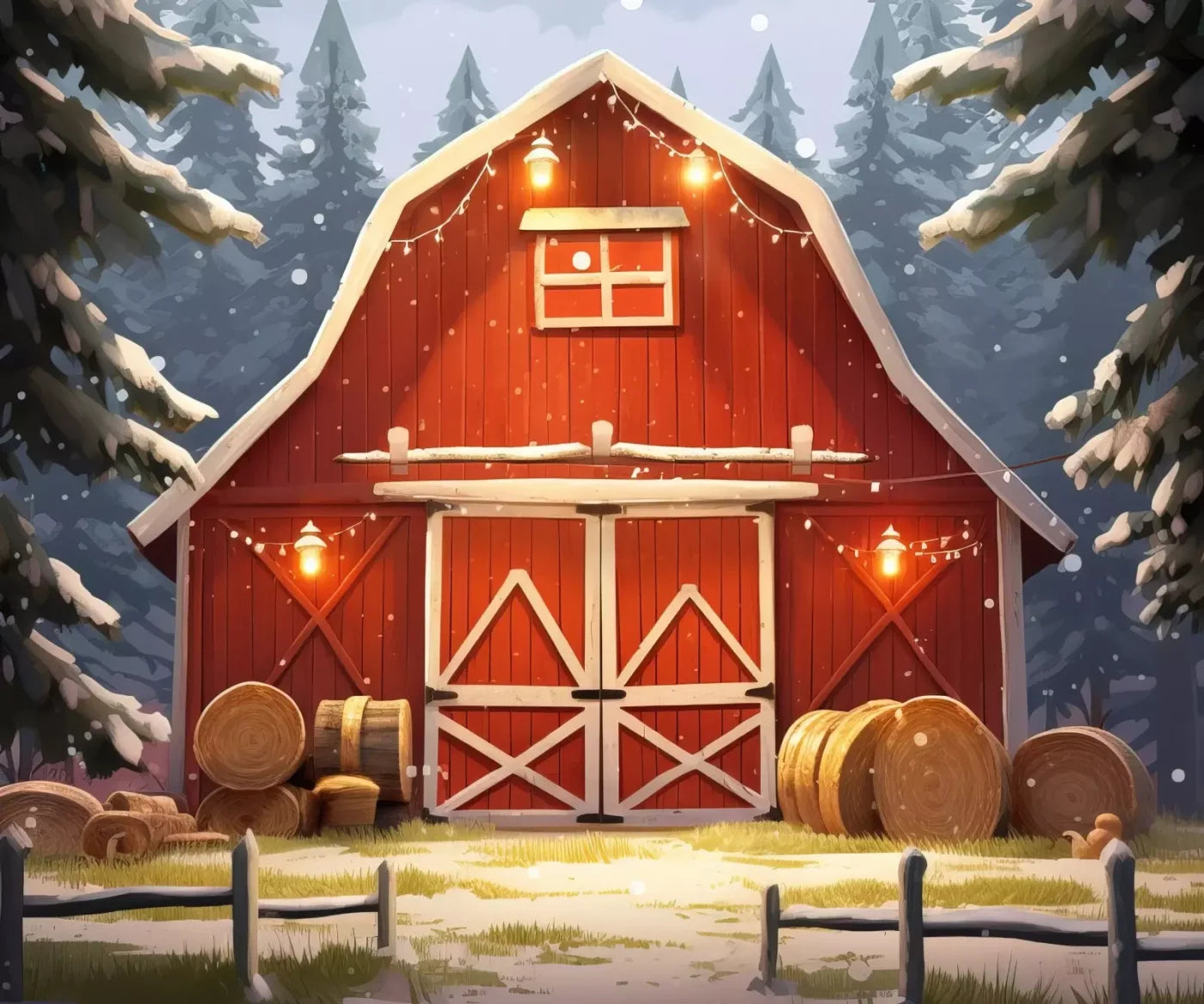 Cartoon Holiday Barn 12’X10’ Ultracloth (144 X 120 Inch) Backdrop