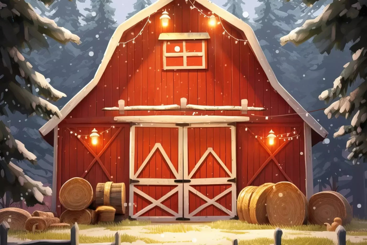 Cartoon Holiday Barn 12’X8’ Ultracloth (144 X 96 Inch) Backdrop