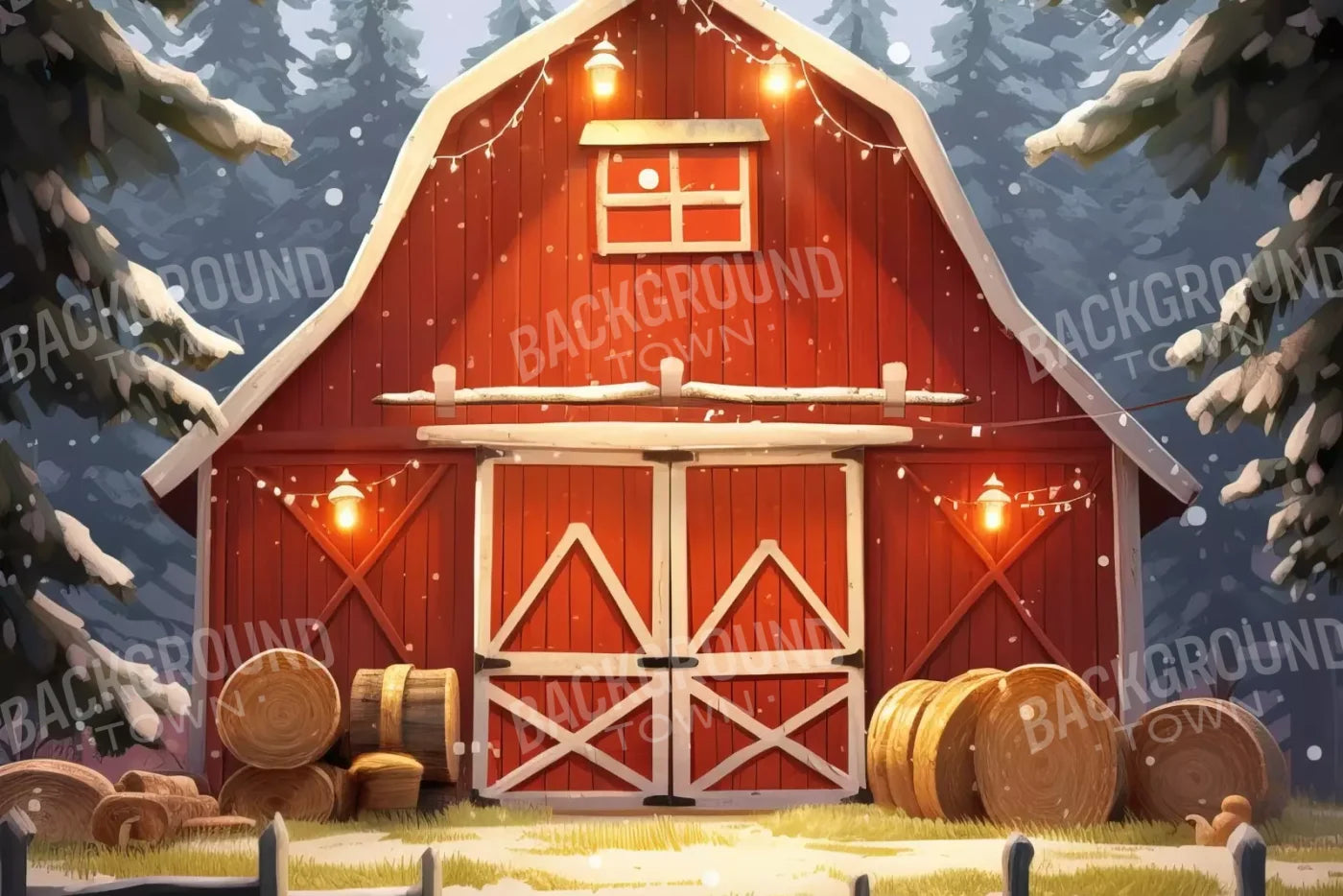 Cartoon Holiday Barn 12’X8’ Ultracloth (144 X 96 Inch) Backdrop