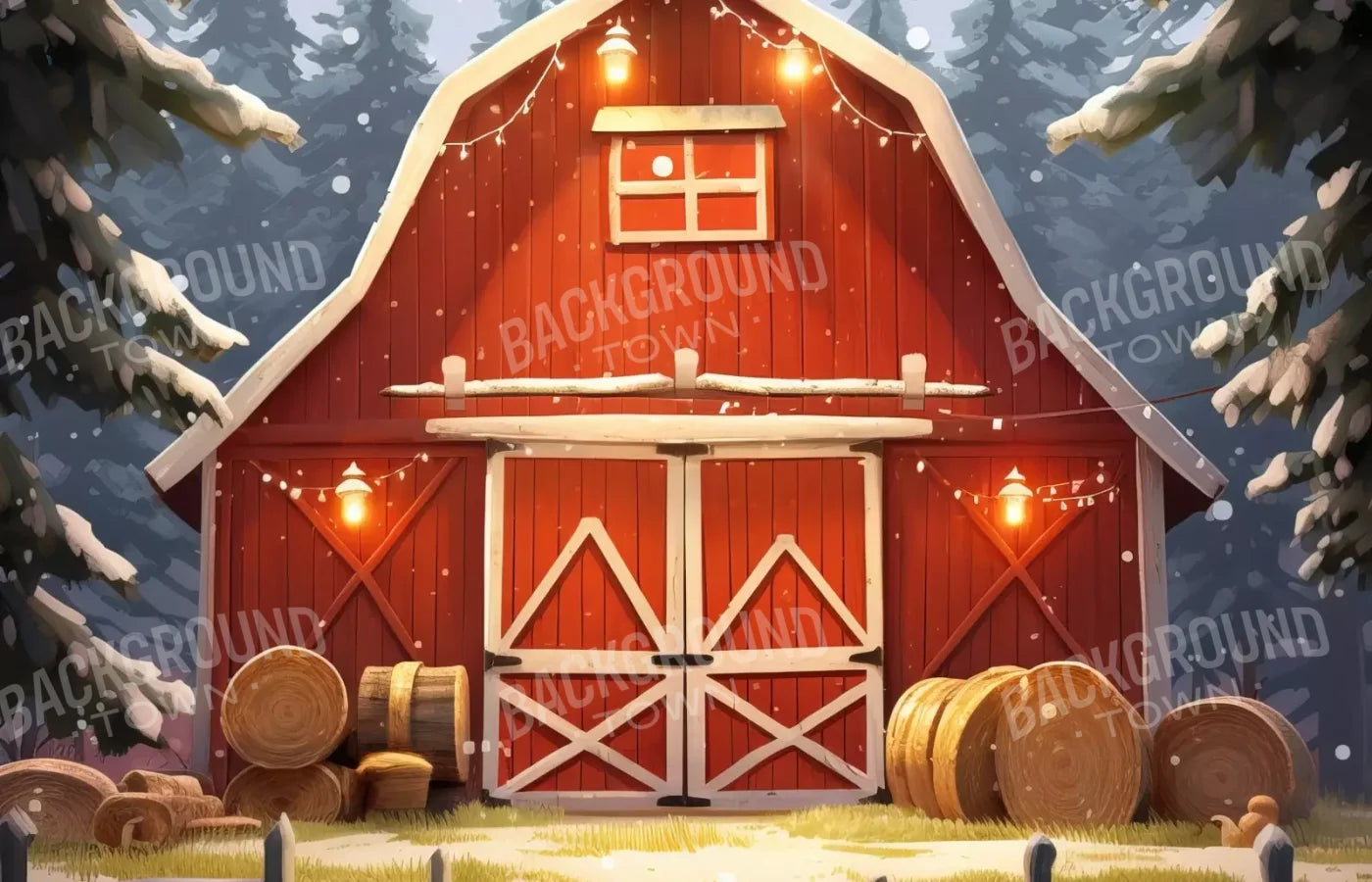 Cartoon Holiday Barn 14’X9’ Ultracloth (168 X 108 Inch) Backdrop