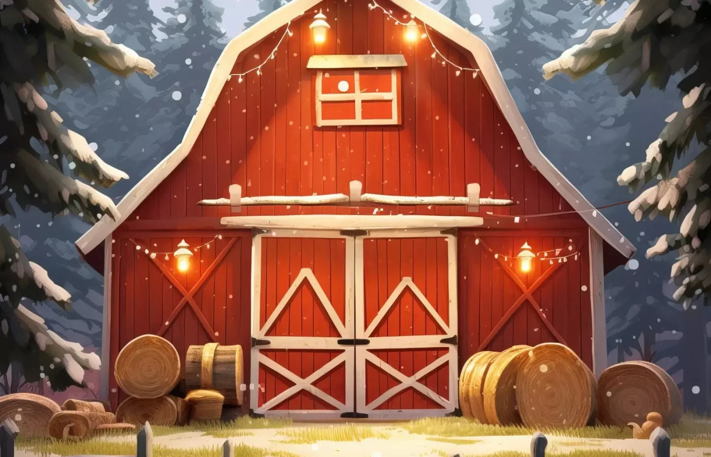 Cartoon Holiday Barn 14’X9’ Ultracloth (168 X 108 Inch) Backdrop
