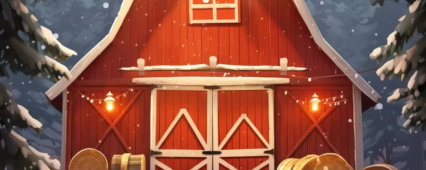 Cartoon Holiday Barn 20’X8’ Ultracloth (240 X 96 Inch) Backdrop