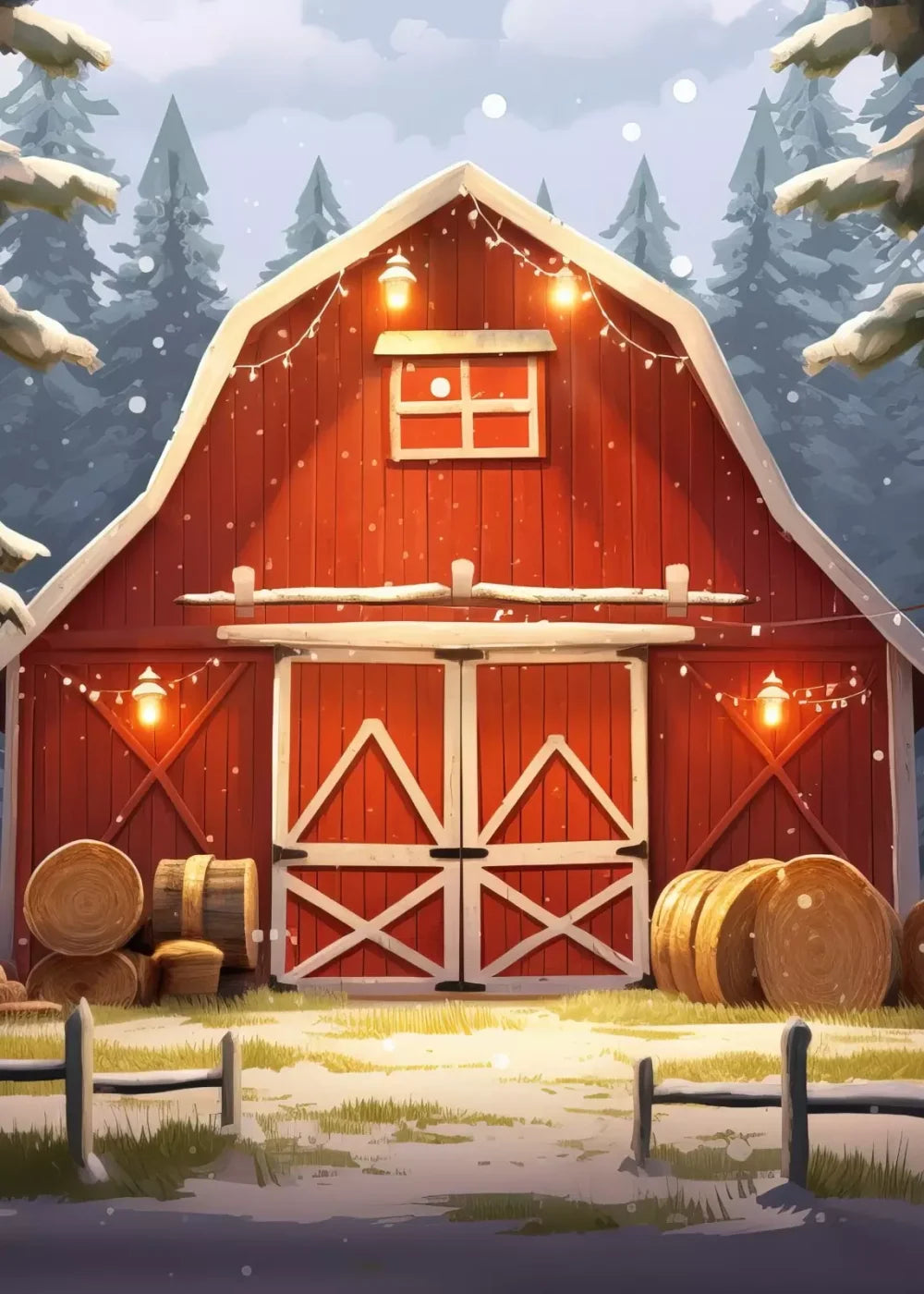 Cartoon Holiday Barn 5’X7’ Ultracloth (60 X 84 Inch) Backdrop