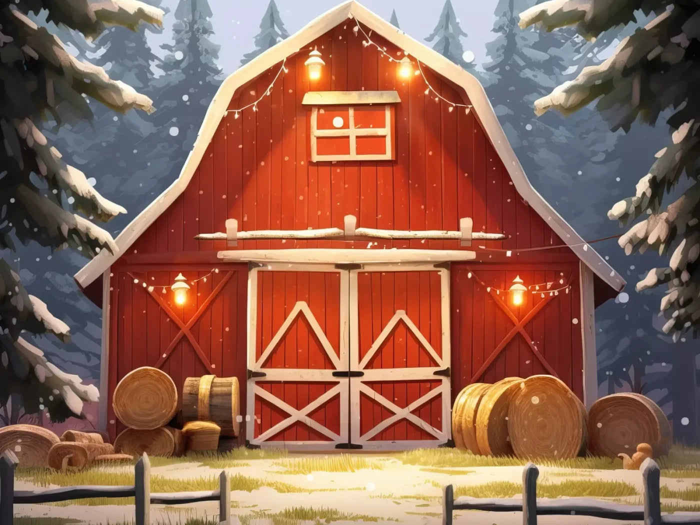 Cartoon Holiday Barn 6’8X5’ Fleece (80 X 60 Inch) Backdrop